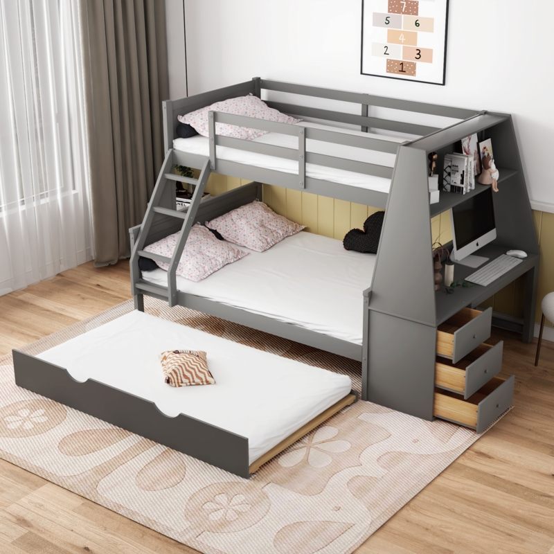 Twin Over Full Bunk Bed with Trundle, Desk, and Storage