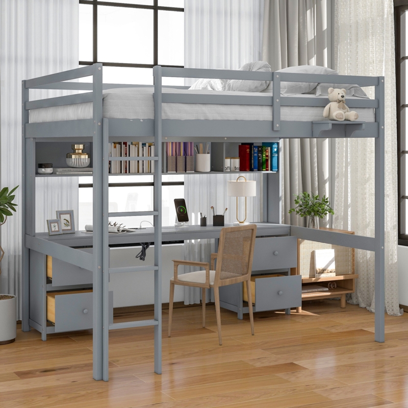 Full Size Loft Bed with Desk and Storage