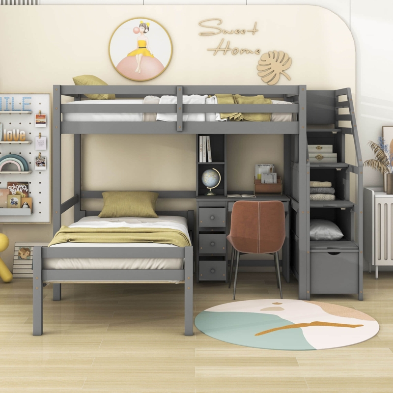 L-Shaped Bunk Bed with Desk and Storage