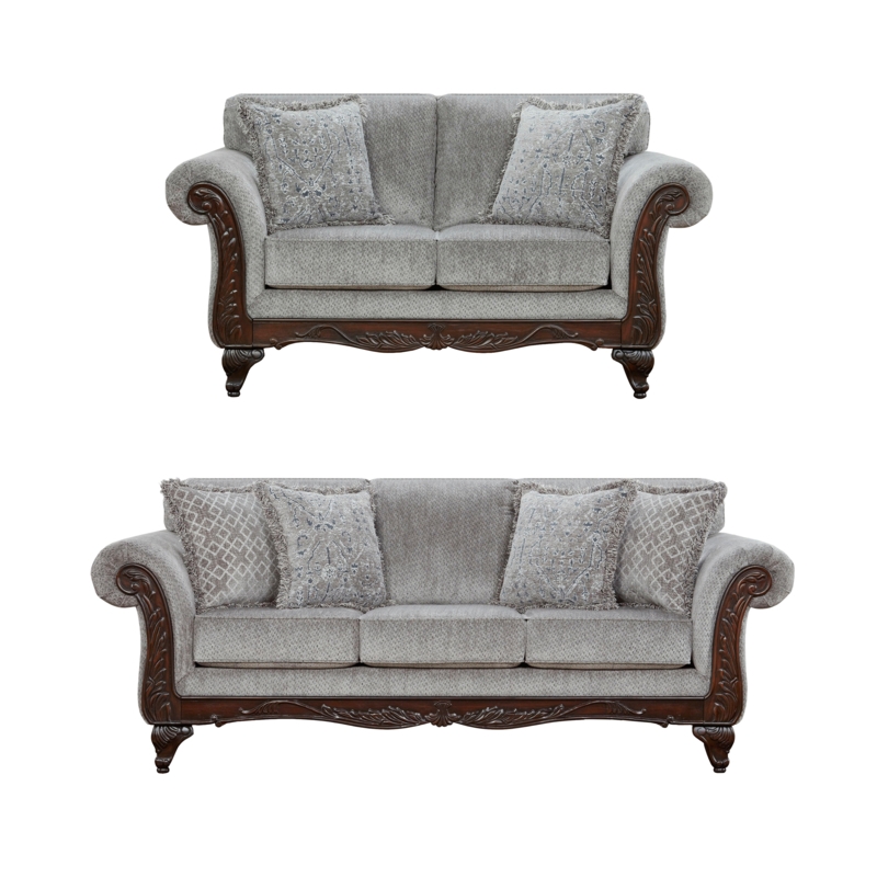 Gray Carved Wood Frame Sofa and Loveseat Set