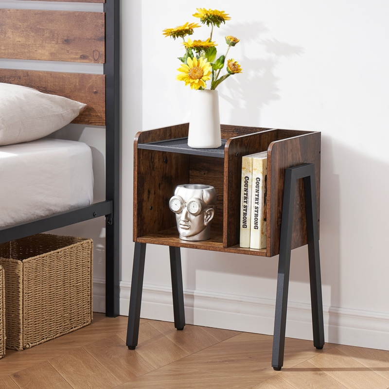 Industrial Style Tall Nightstand with Open Shelves
