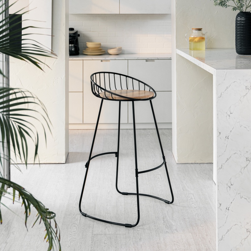 Contemporary Kitchen Bar Stool with Wooden Seat