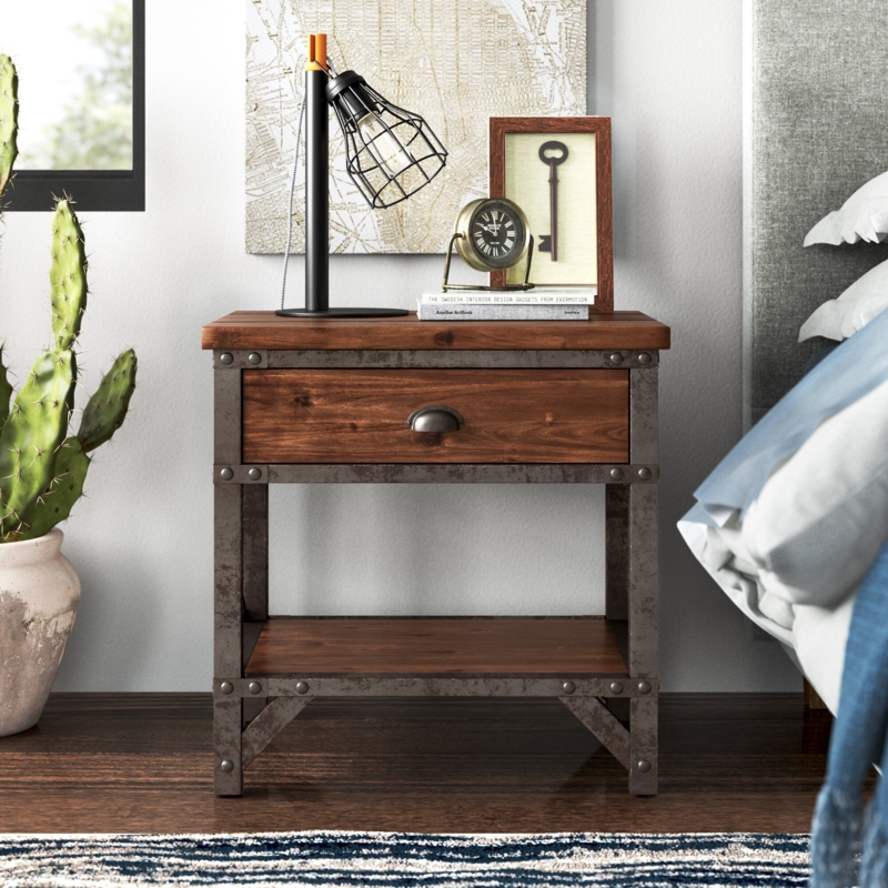 Industrial Metal Framed Nightstand with Storage