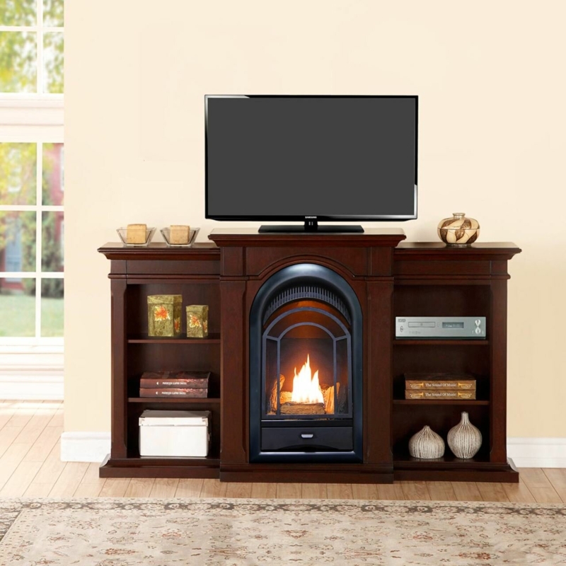 Dual Fuel Ventless Fireplace with Storage Shelves