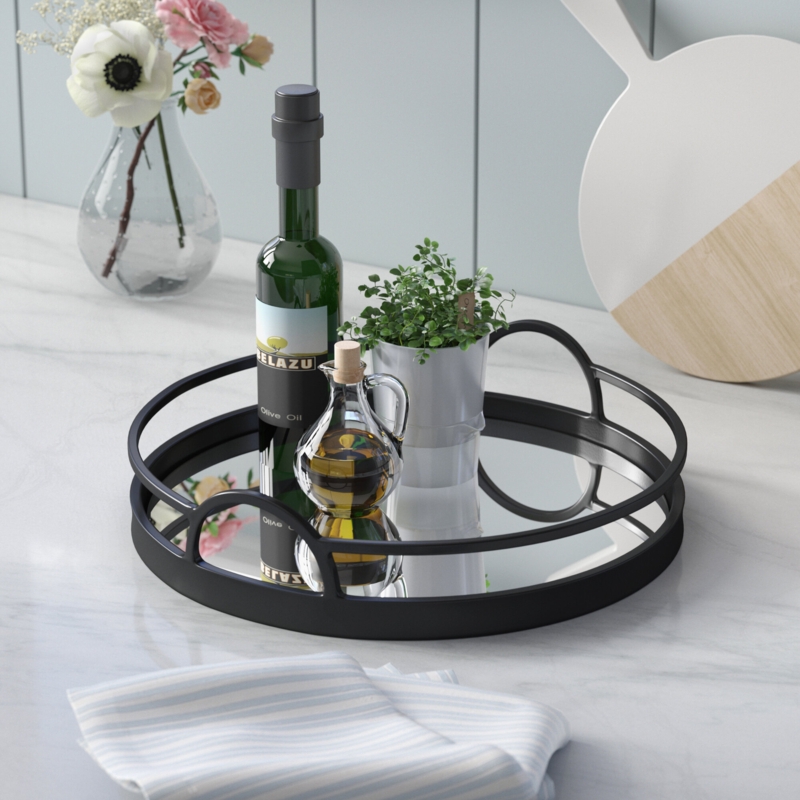 Circular Metal Vanity Tray with Mirrored Bottom