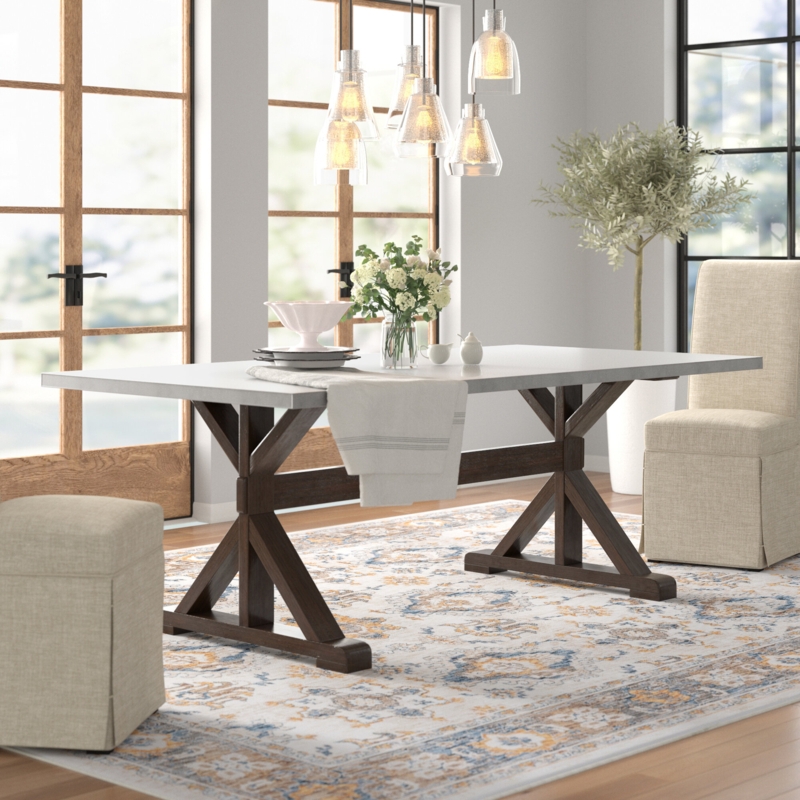 Wood Trestle and Stainless Steel Dining Table
