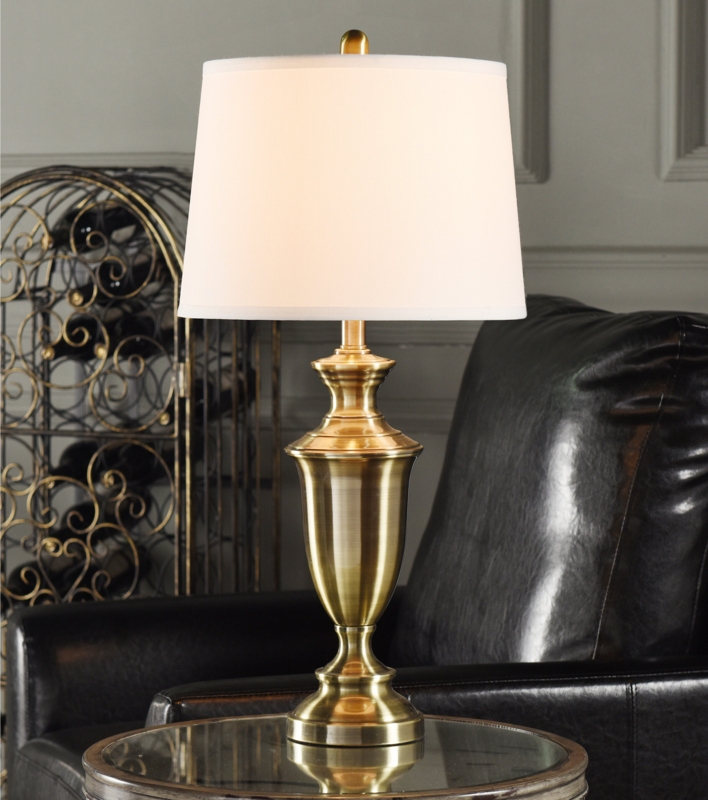 Antique Brass Accent Lamp with Fabric Drum Shade