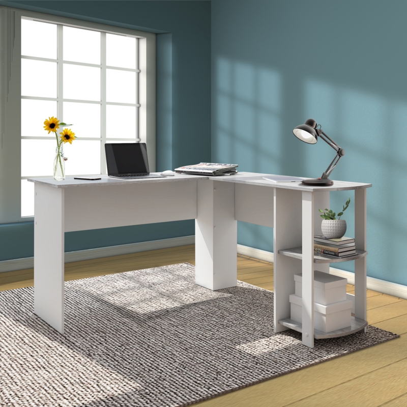 Modern Wooden Gray L-Shaped Desk with Open Storage Shelf