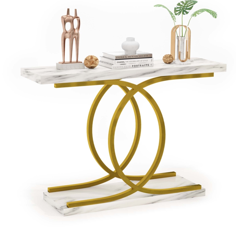 White Faux Marble Console Table with Gold Base