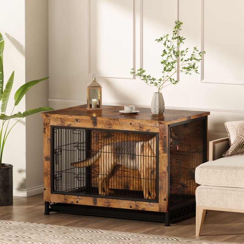 Industrial-Style Wooden Dog Crate End Table
