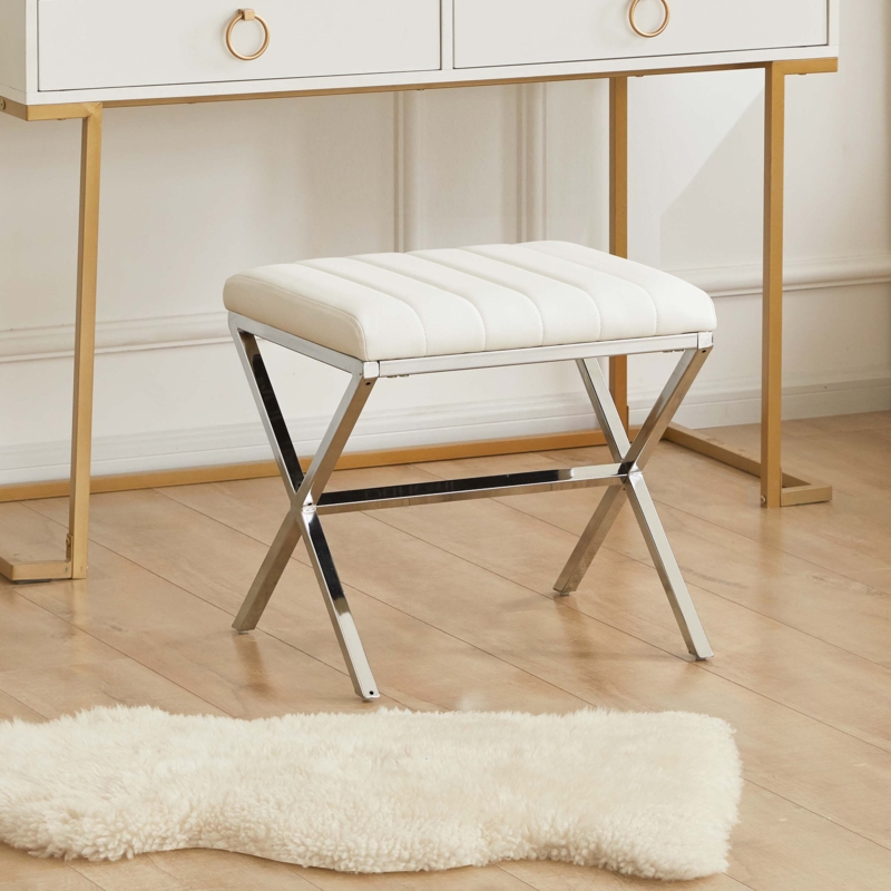 Transitional Faux Leather Stool with X-Frame Base