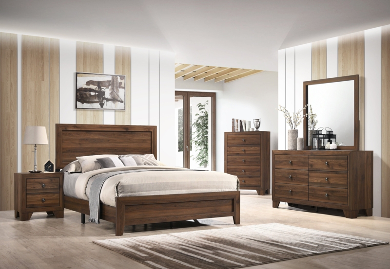 Cherry Brown Panel Bedroom Set with Dresser and Mirror