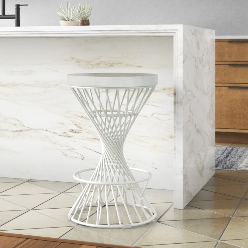 Contemporary Twisted Metal Stool with Wooden Seat