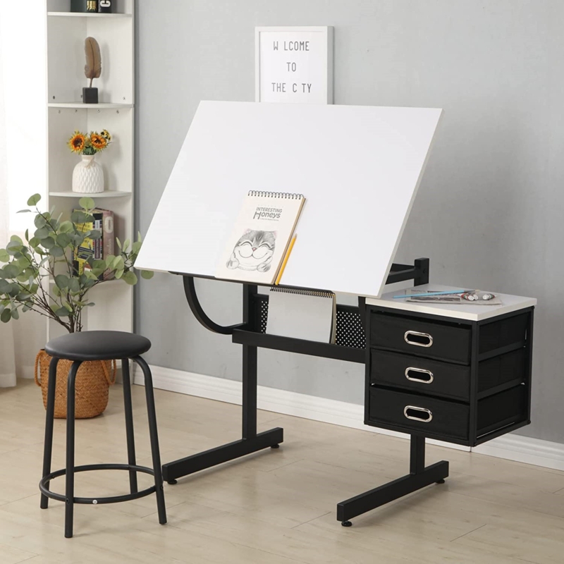 Adjustable Drafting Table with Storage and Stool