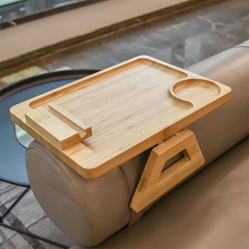 Bamboo Sofa Armrest Tray with 360° Rotating Bracket