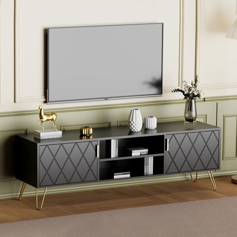 Modern TV Stand with Storage and Golden Accents