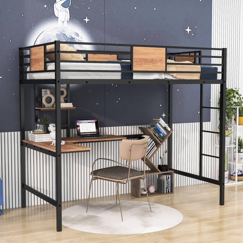 Metal Loft Bed with Desk and Bookshelf