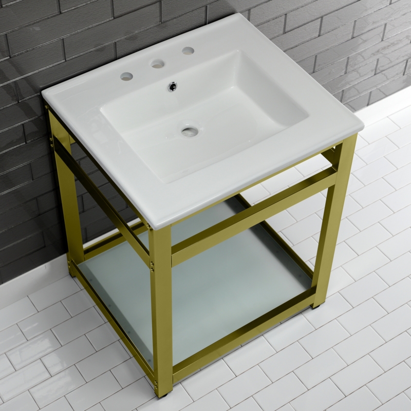 Ceramic Console Sink with Steel Base and Glass Shelf