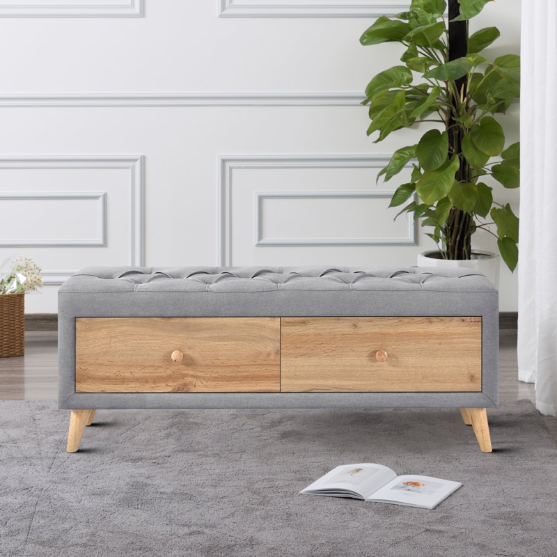 Linen Upholstered Storage Bench with Tufted Buttons