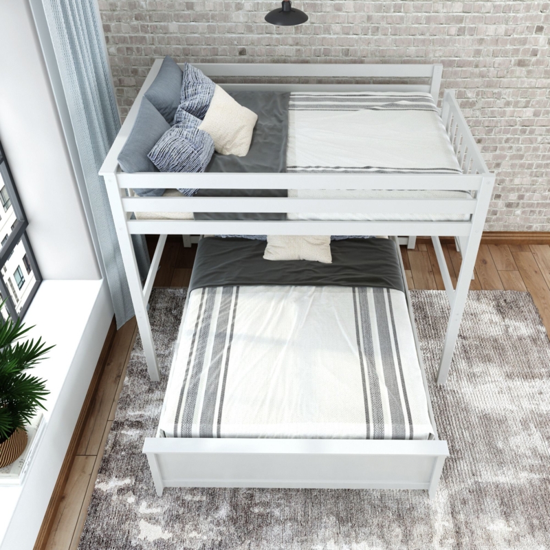 Full Over Full L-Shaped Bunk Bed with Ladder on End