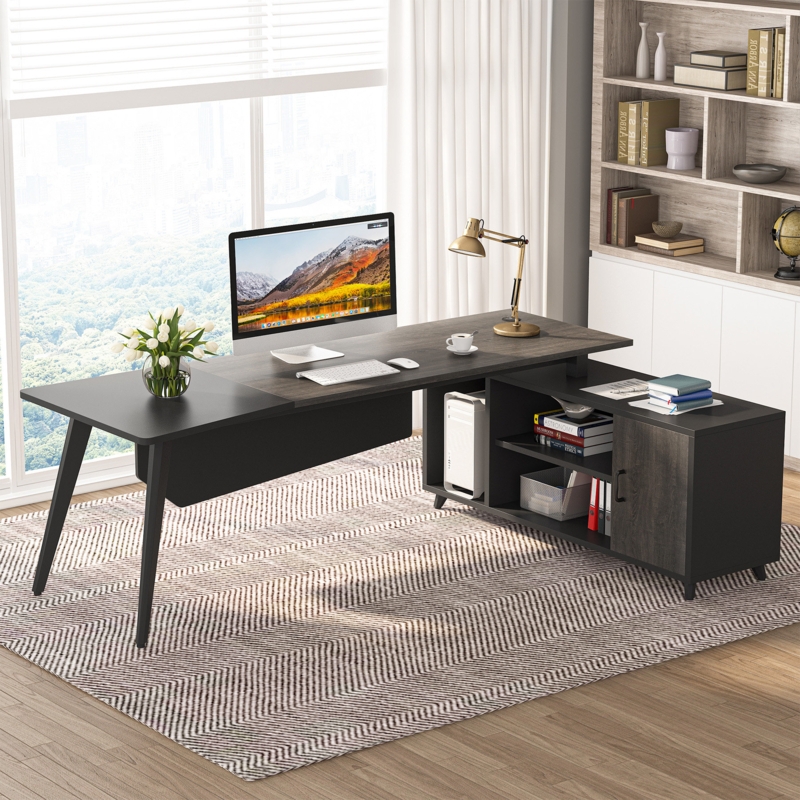 Large L-shaped Desk with Storage Cabinet