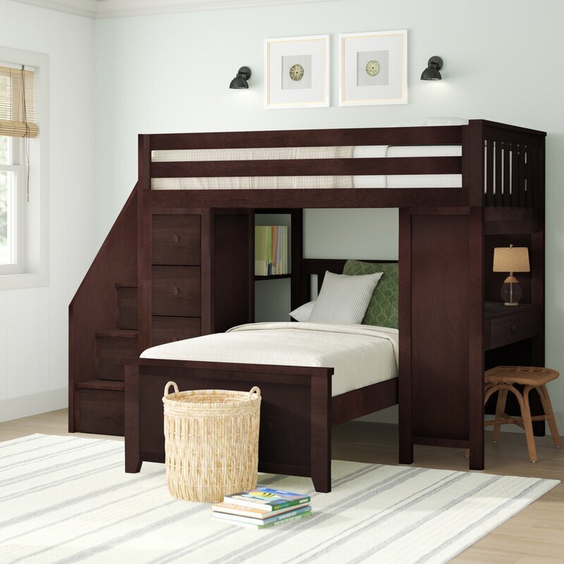L Shaped Twin Over Twin Bunk Bed with Storage and Workspace