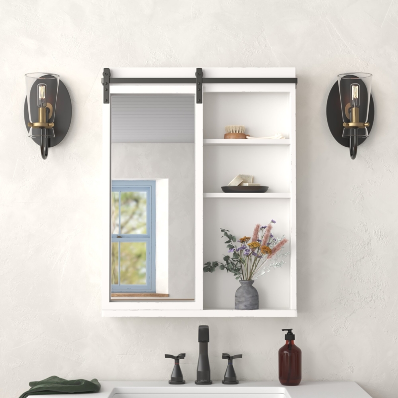 Wooden Wall Cabinet with Sliding Mirrored Door