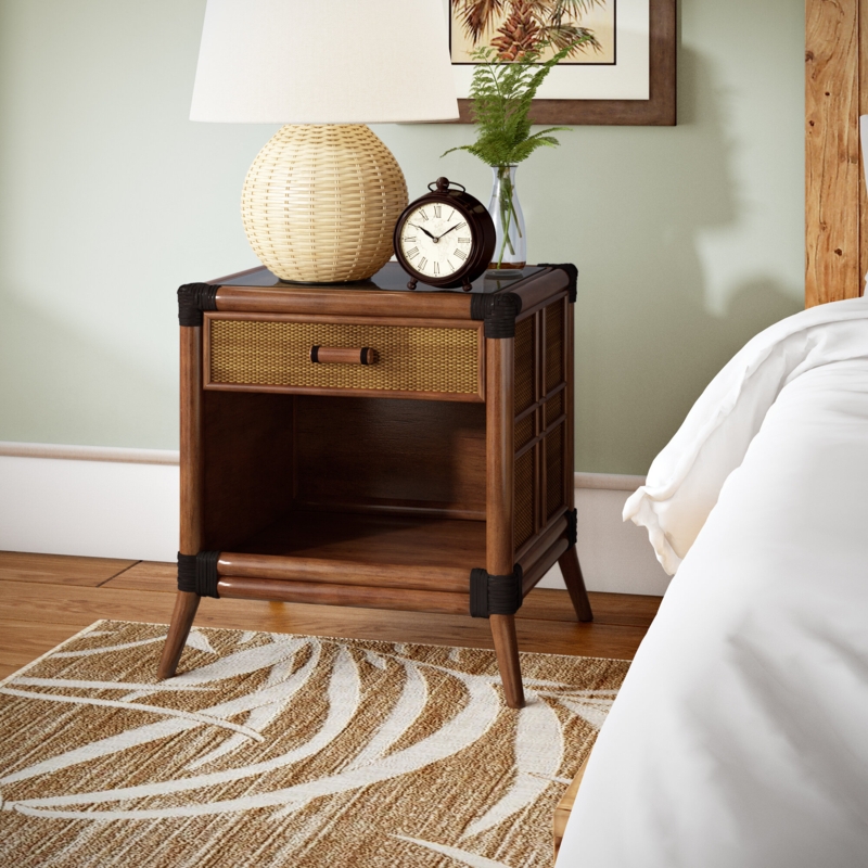 1 Drawer Rattan Nightstand with Glass Top