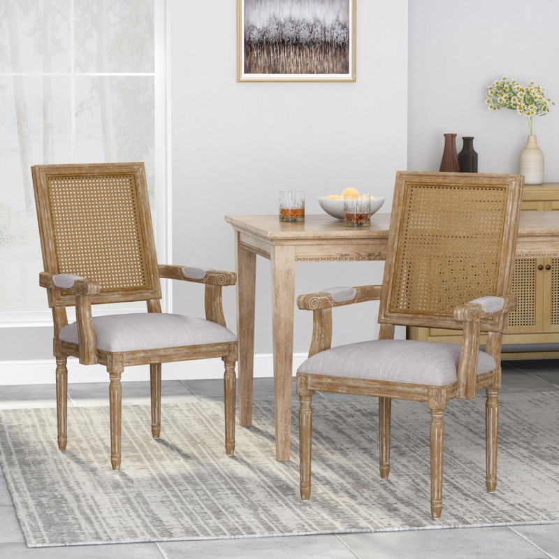 Upholstered Cane Dining Chairs with Fluted Legs
