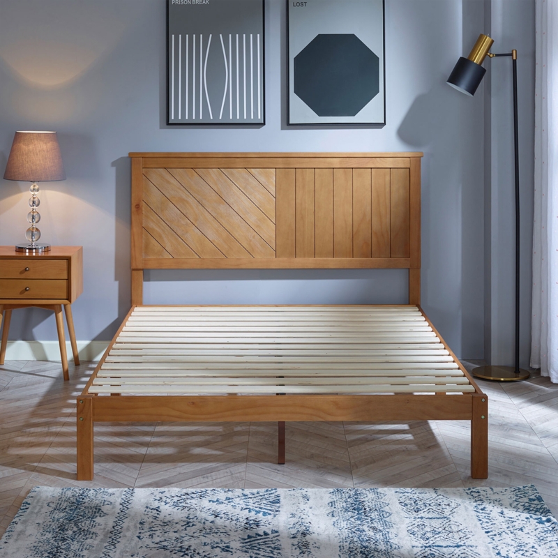 Solid Wood Full Bed Frame with Rustic Pine Finish