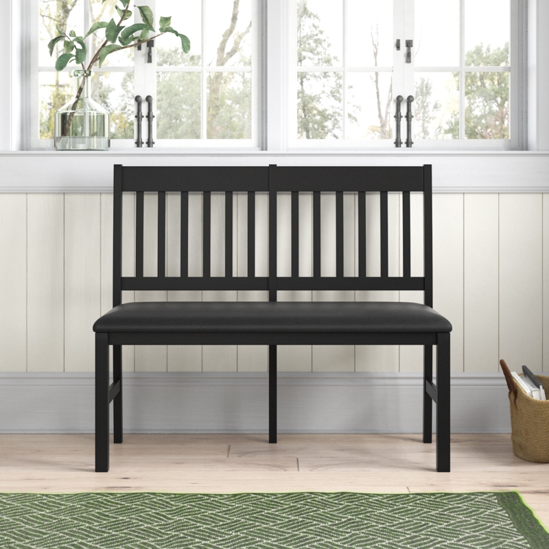 Black Slatted Dining Bench with Upholstered Seat