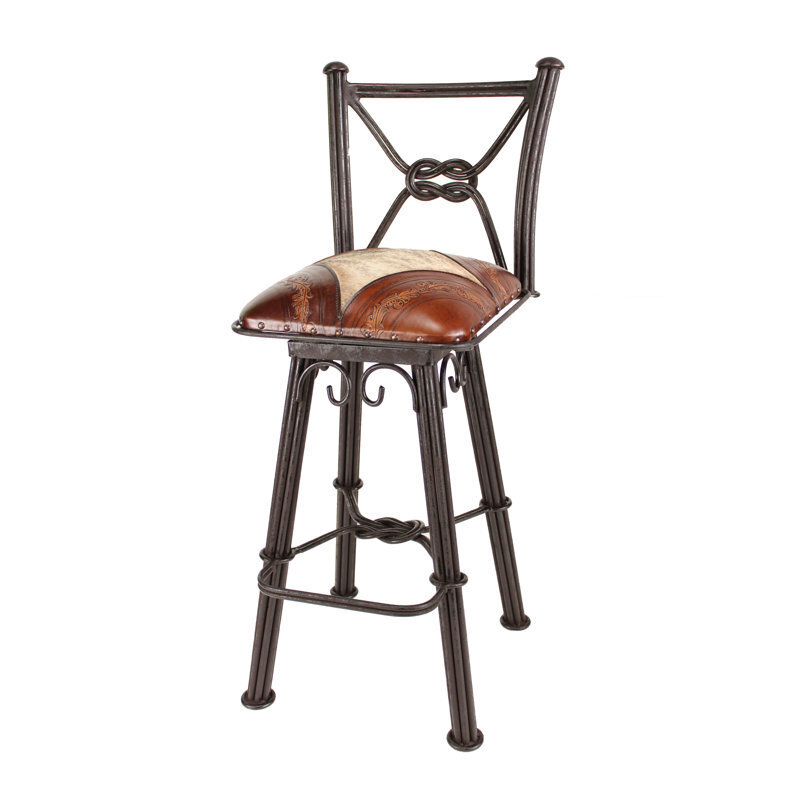 Leather and Wood Cowhide Bar Stools With Backs