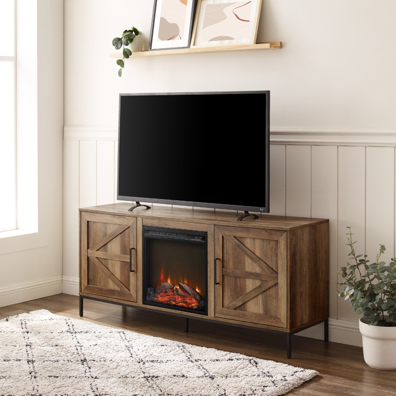 Farmhouse Fireplace TV Stand with Barn Doors