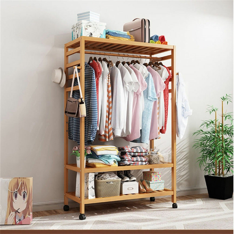 Wood Clothing Rack with Shelves and Hooks