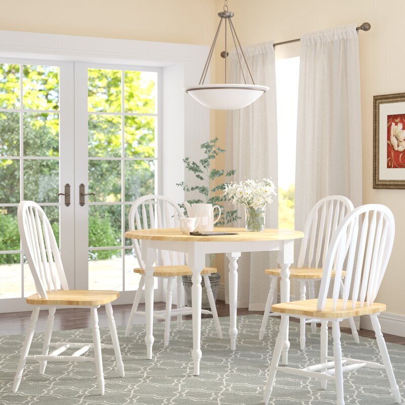 Light Toned Round Dining Table Set With Leaf