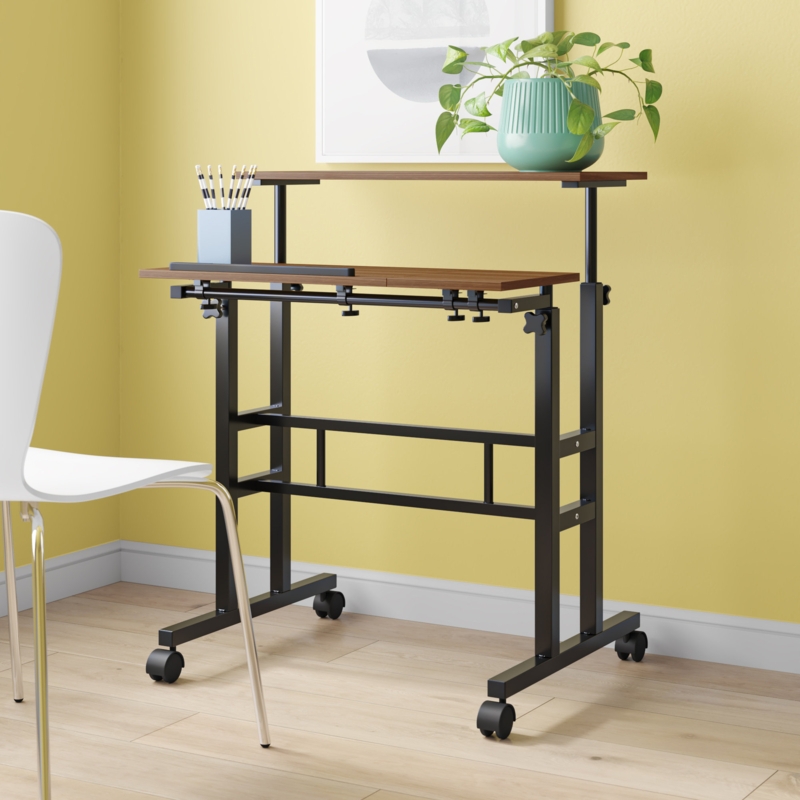 Mobile Adjustable Standing Desk with High Shelf