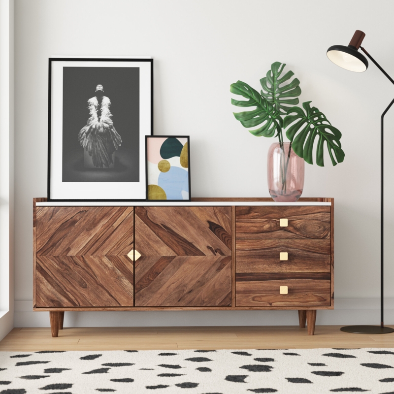 Contemporary Herringbone Sideboard with Marble Top