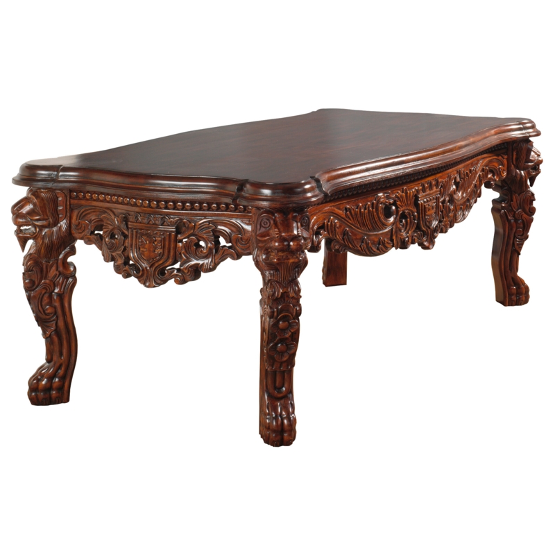 Medieval Antique Replica Coffee Table with Carved Lion Accents