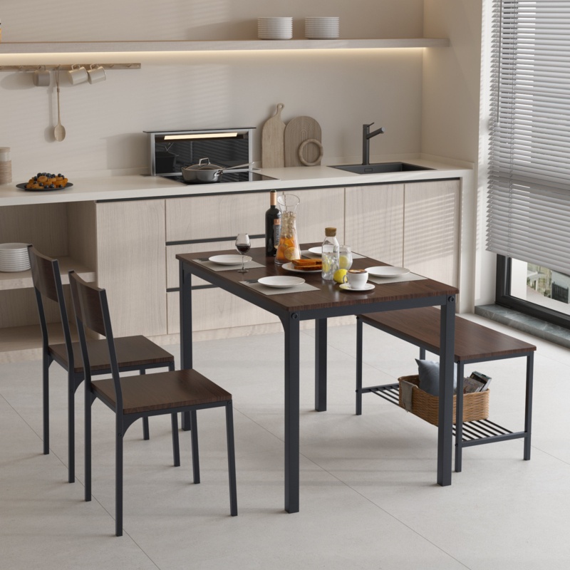 Lugenbeel 4-Person Dining Table Set, 2 Chairs With Backrest,2-Person Bench With Storage Rack