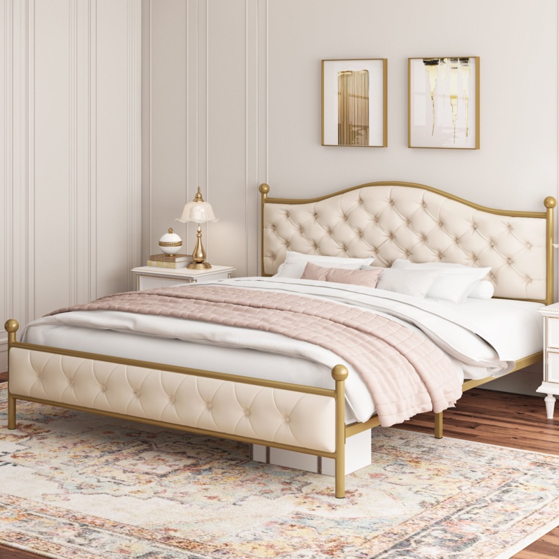 Lysette Upholstered Royal Platform Bed with Handmade Folded Button-Tufts