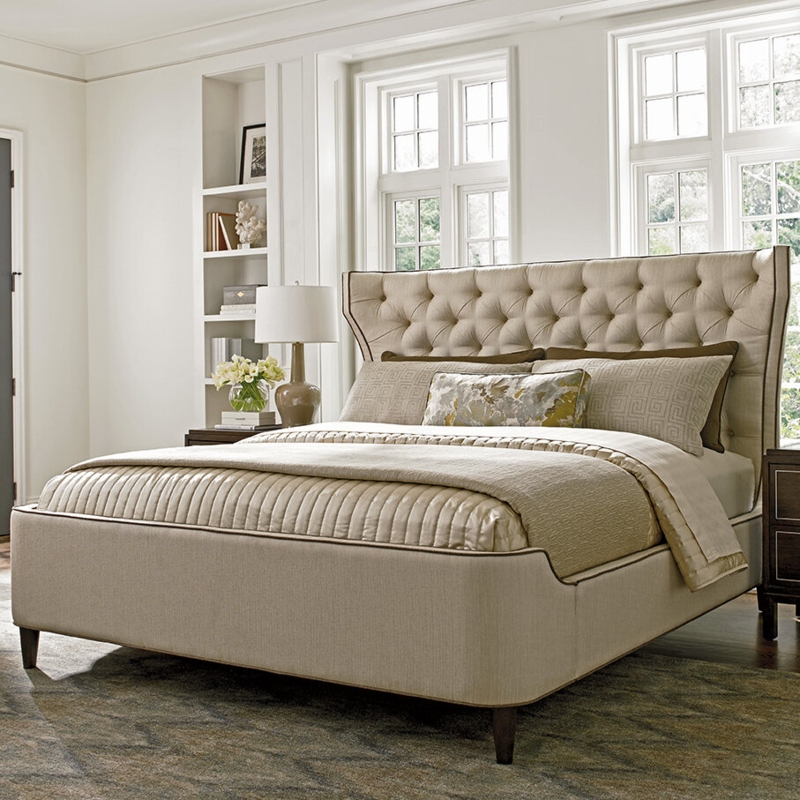 Contemporary Upholstered Bed with Walnut Finish