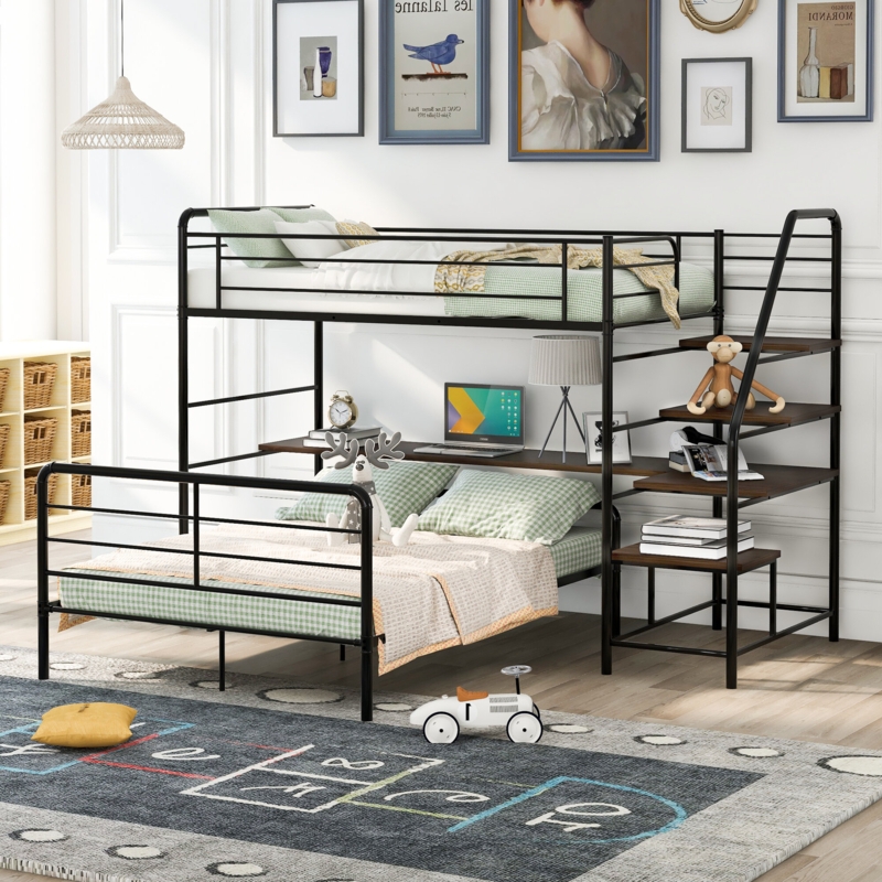 Stylish Bunk Bed with Wooden Desk and Ladder