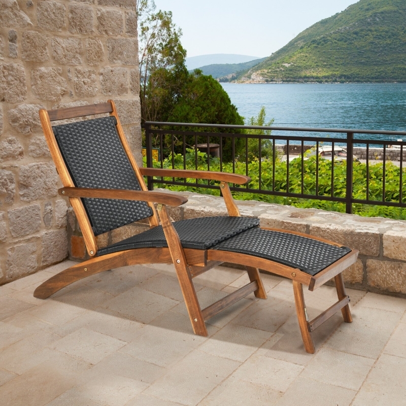 Acacia Wood and PE Rattan Folding Lounge Chair
