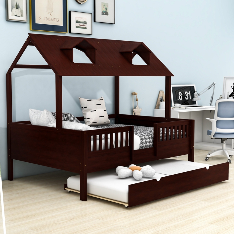 Wood Playhouse Loft Bed with Twin Trundle