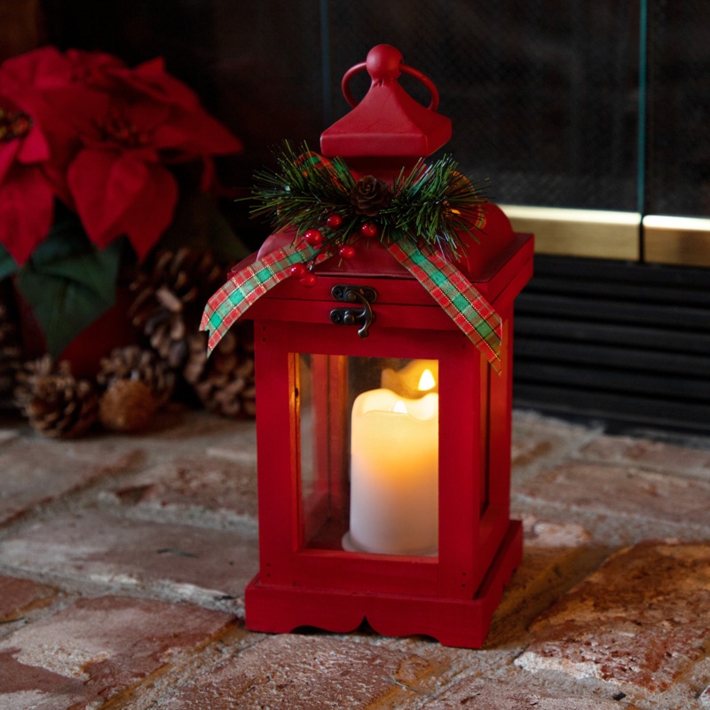 Metal and Glass Lantern with Warm LED Light Faux Candle