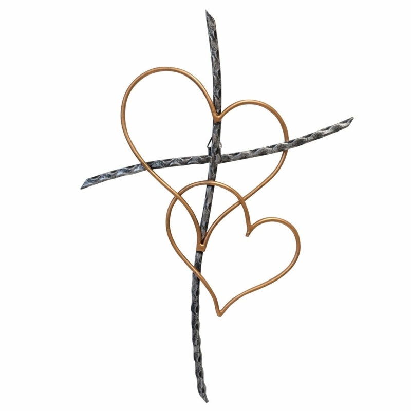 Metal Sticks Cross with Double Copper Heart Wall Decor