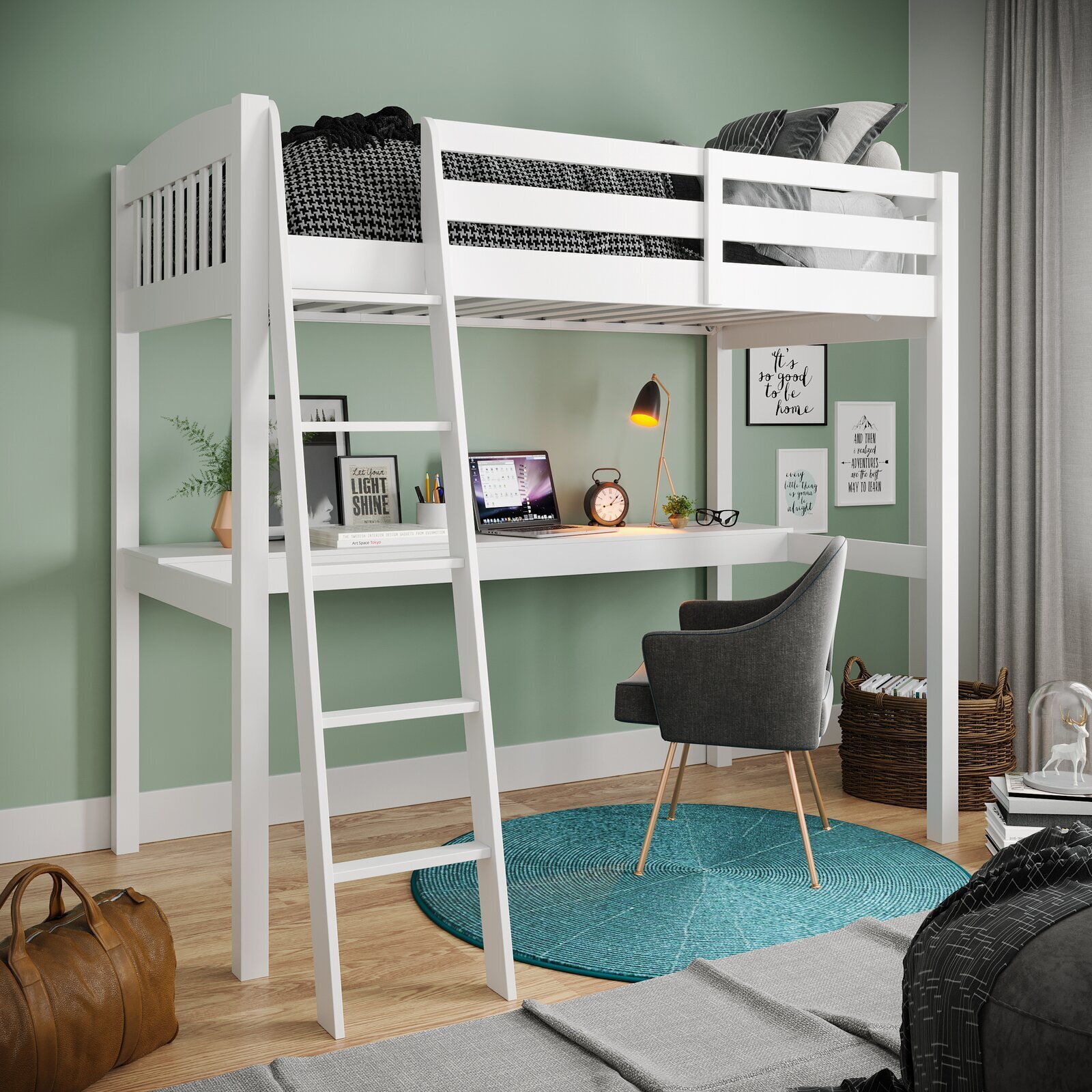 Minimalistic Wood Loft Bed with Desk and Storage