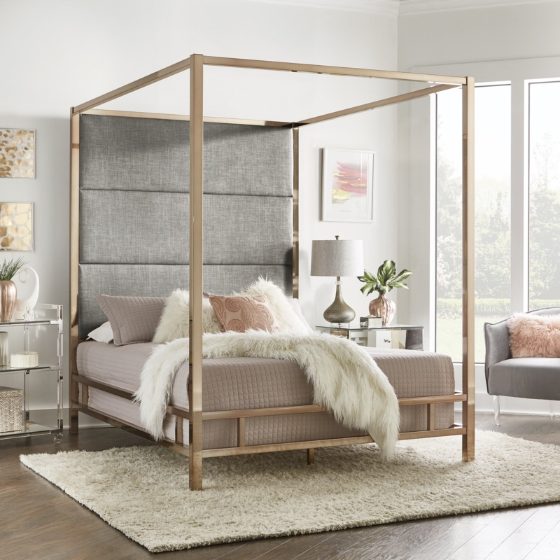 Modern Metal Canopy Bed with Tufted Headboard