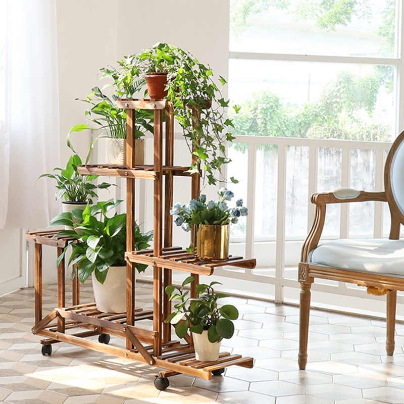 Wooden Plant Stand with Wheels and Multi-Layer Display