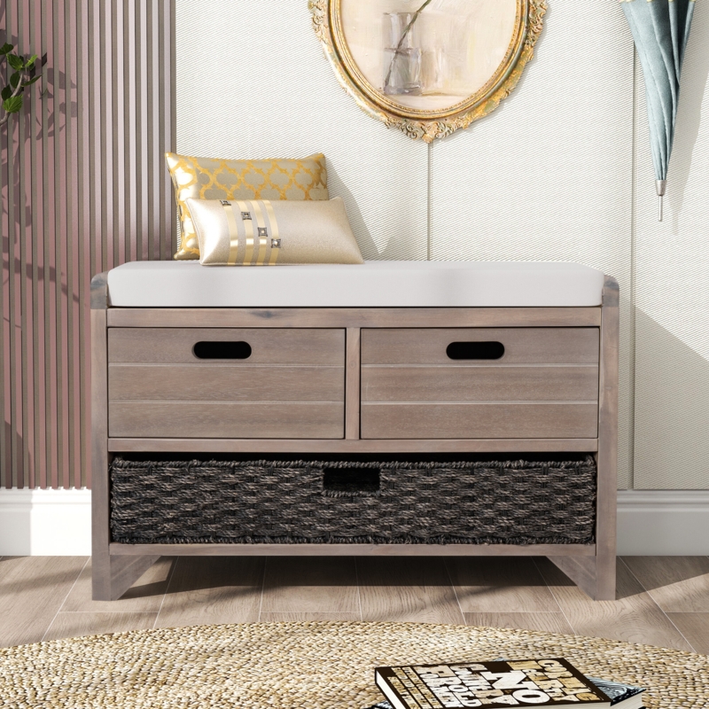 Upholstered Bench with Storage Drawers and Basket